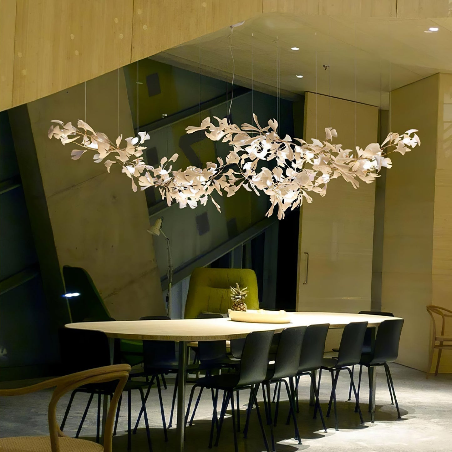 Korewolamp Gingko Ceramic Chandelier K with intricate leaf design and warm lighting, hanging from a ceiling fixture.