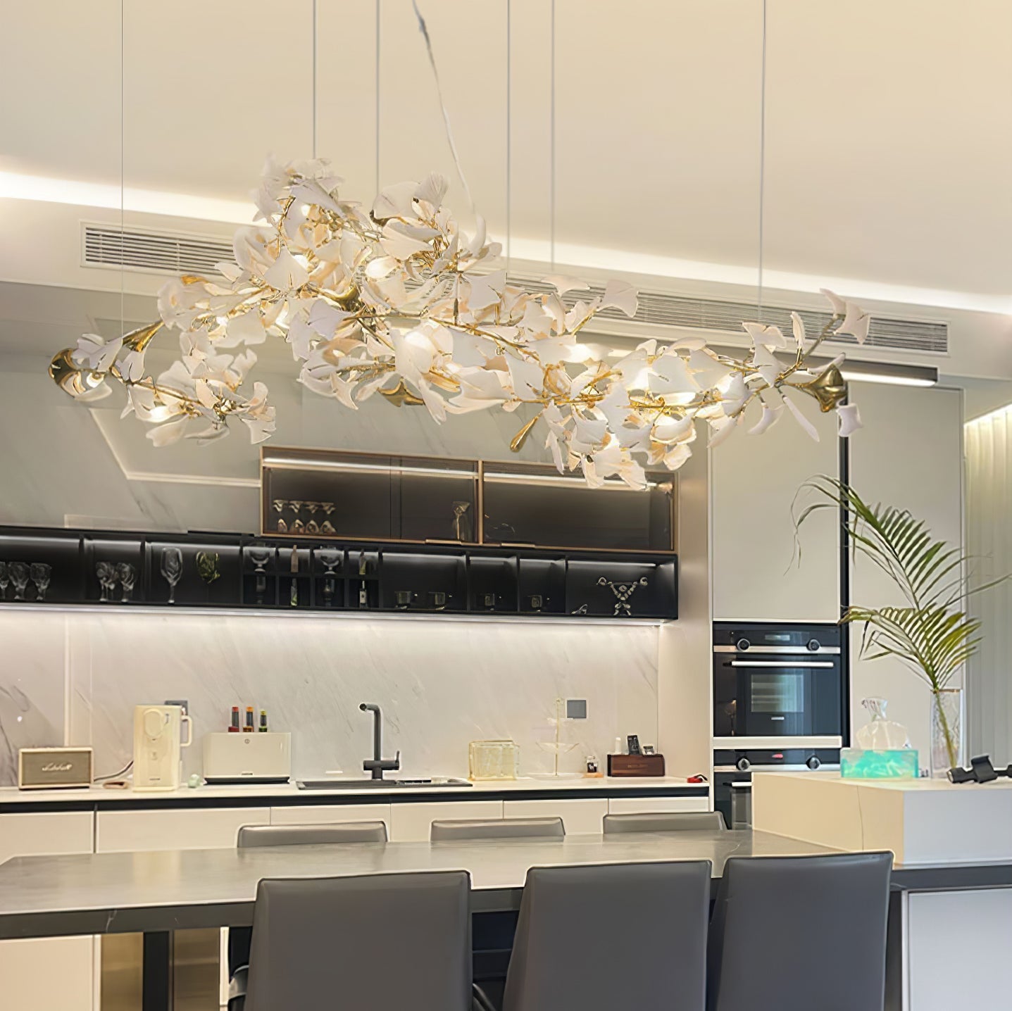 Korewolamp Gingko ceramic chandelier with ginkgo leaf design, hanging fixture with multiple light sockets and intricate detailing.