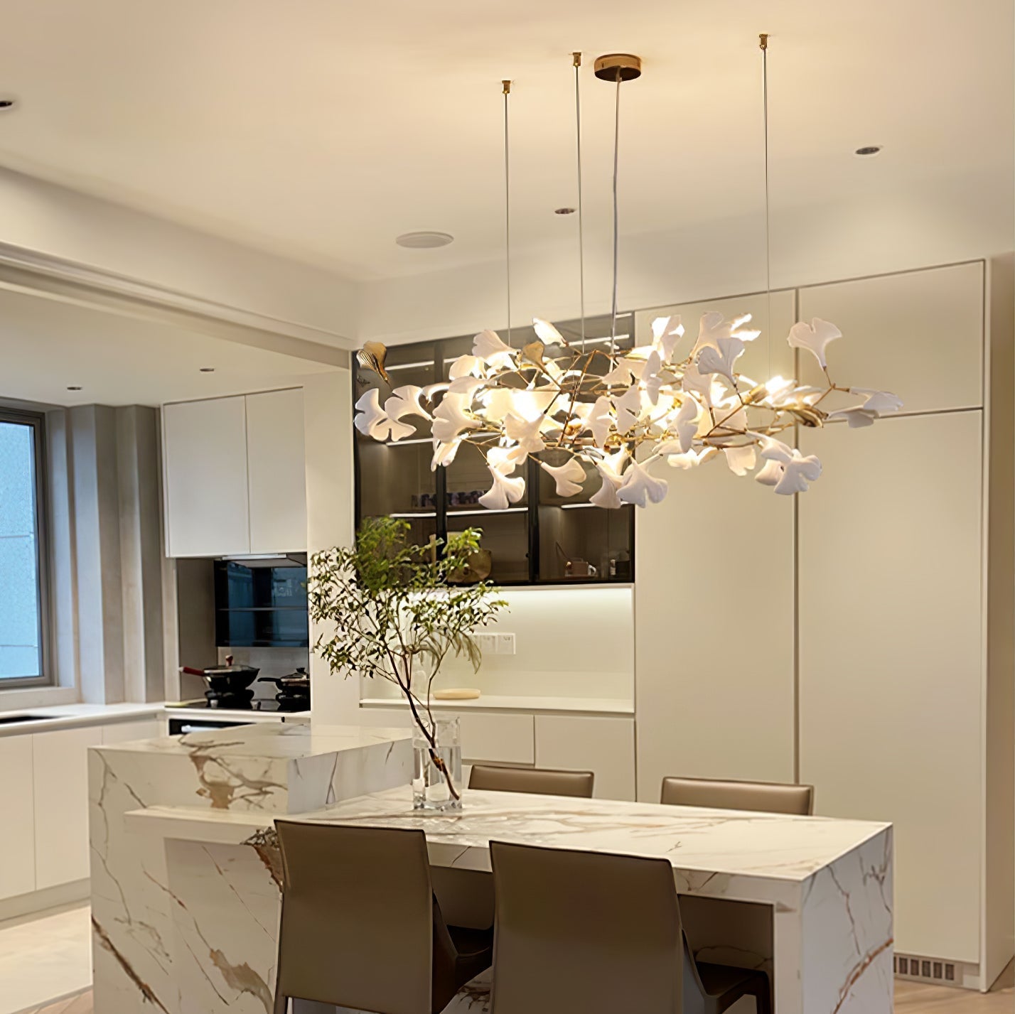 Korewolamp Gingko Ceramic Chandelier K hanging with ginkgo leaf design and warm lighting, modern ceramic fixture for elegant interiors