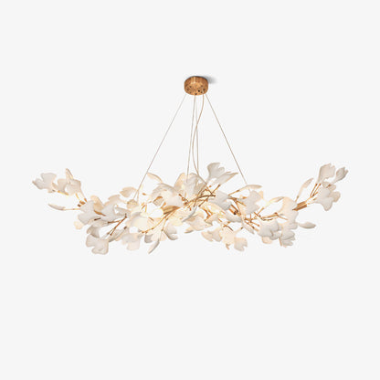 Korewolamp Gingko Ceramic Chandelier K hanging from ceiling with multiple white ceramic leaf-shaped shades in a modern interior