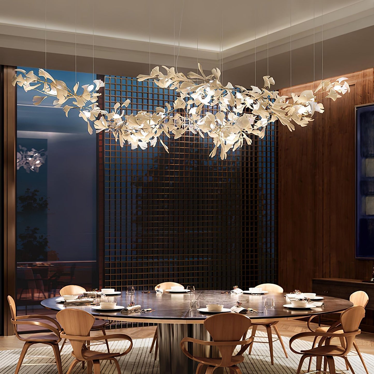 Korewolamp Gingko ceramic chandelier with leaf-shaped design and warm lighting, hanging fixture for modern interior decor