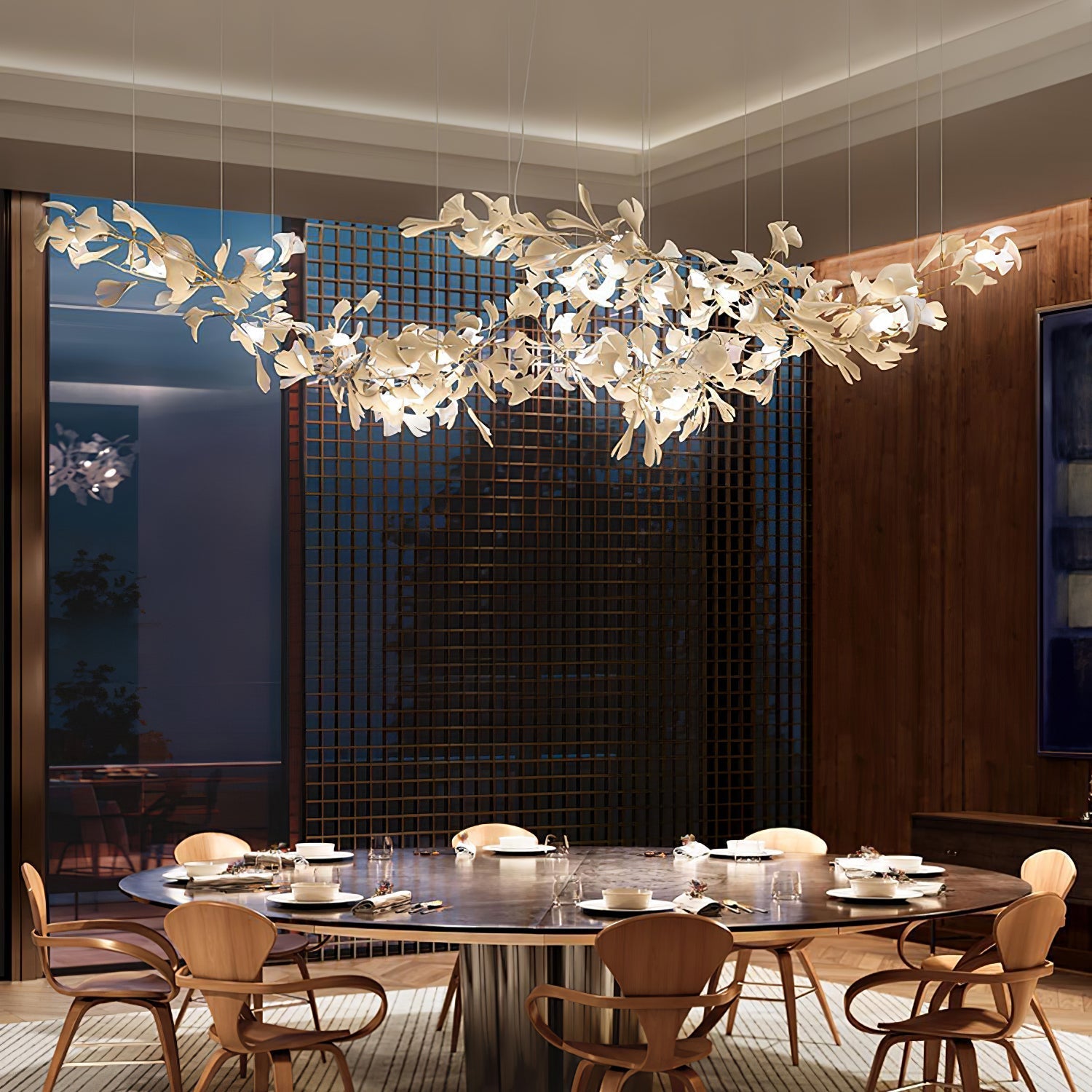 Korewolamp Gingko ceramic chandelier with leaf-shaped design and warm lighting, hanging fixture for modern interior decor