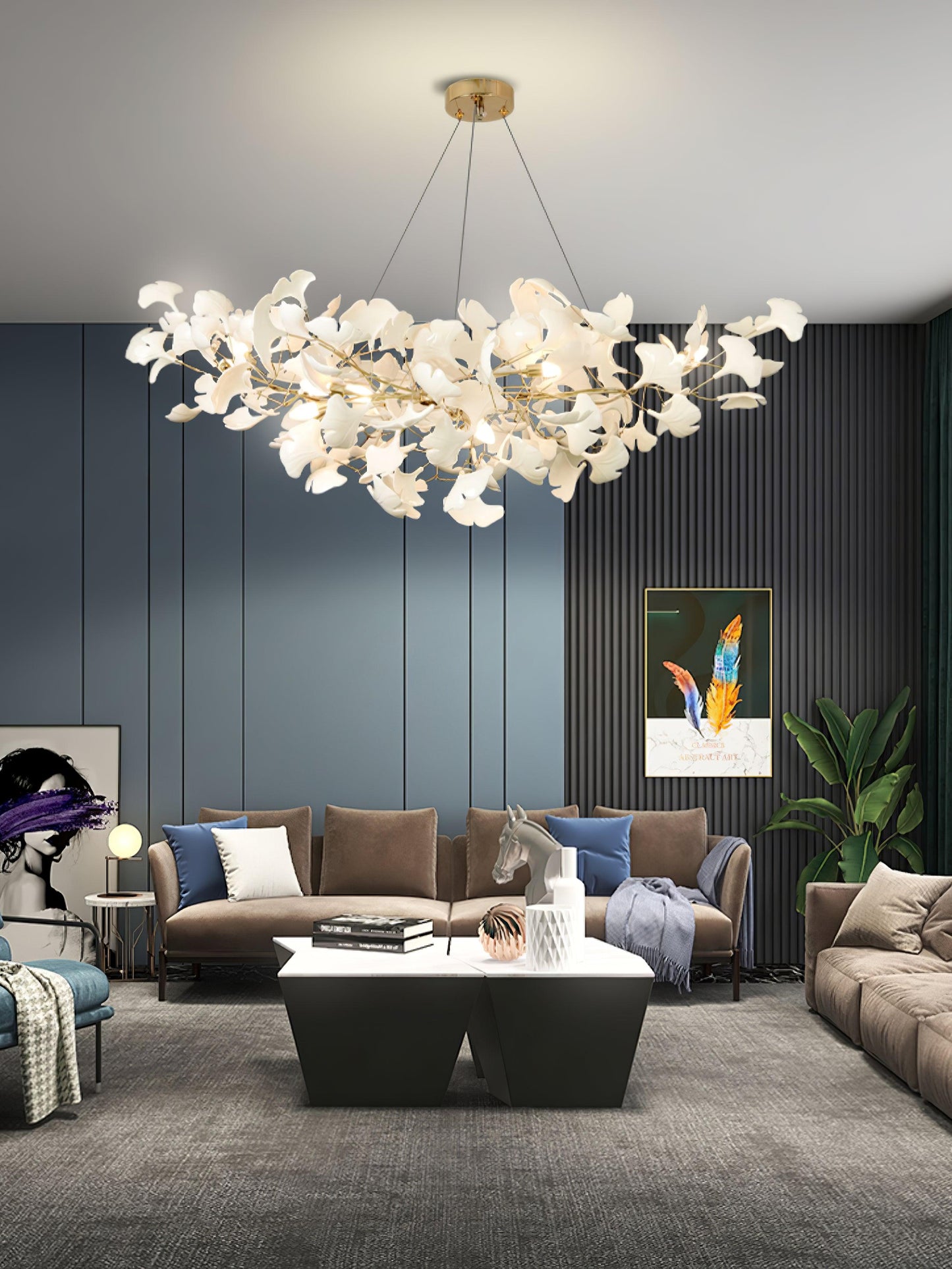 Korewolamp Gingko Ceramic Chandelier S hanging with Ginkgo leaf-shaped ceramic shades and modern design in a stylish interior.