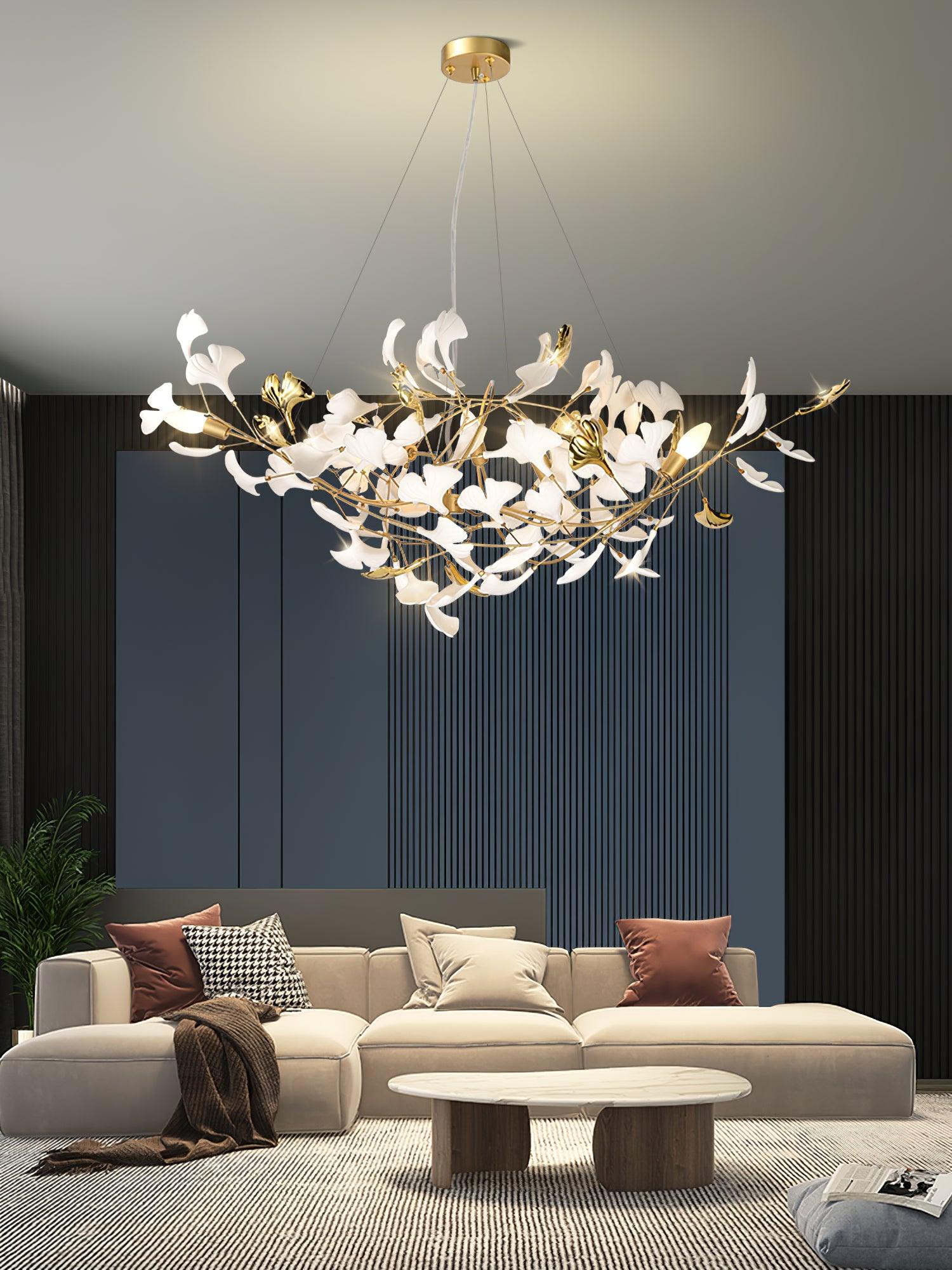 Korewolamp Gingko Ceramic Chandelier S hanging with multiple ginkgo leaf-shaped ceramic shades in a modern design