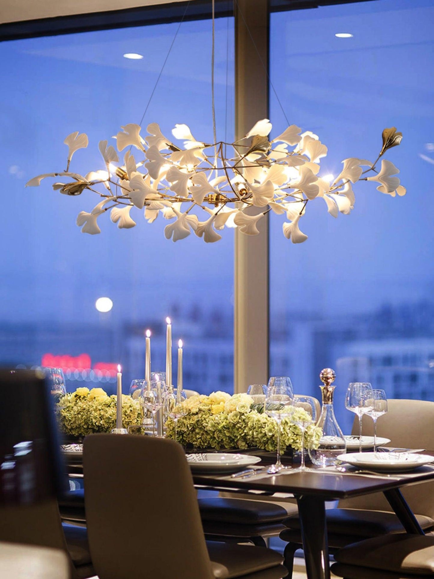 Korewolamp Gingko Ceramic Chandelier S hanging with ginkgo leaf design, modern white ceramic with warm lighting elements