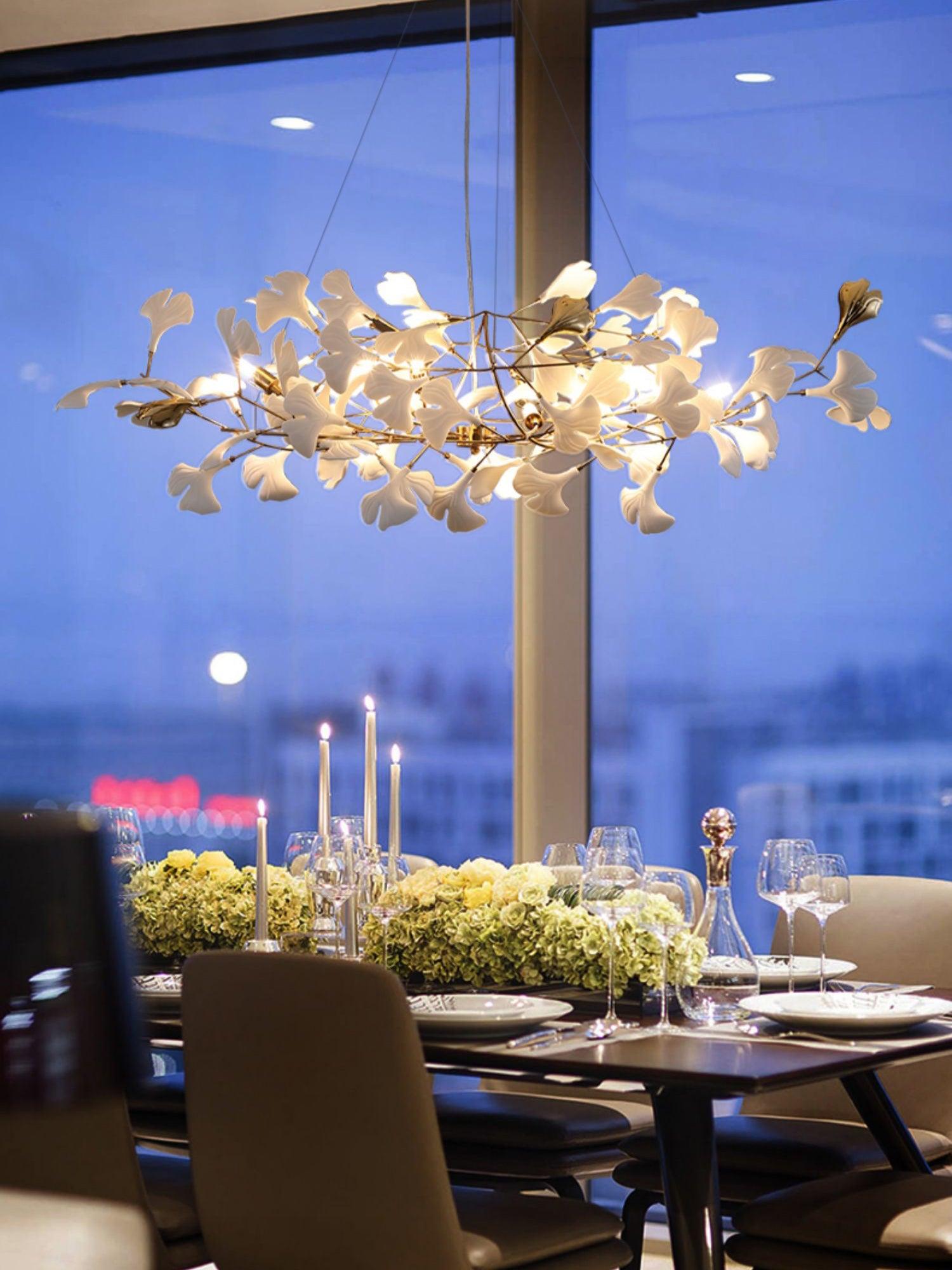 Korewolamp Gingko Ceramic Chandelier S hanging with ginkgo leaf design, modern white ceramic with warm lighting elements
