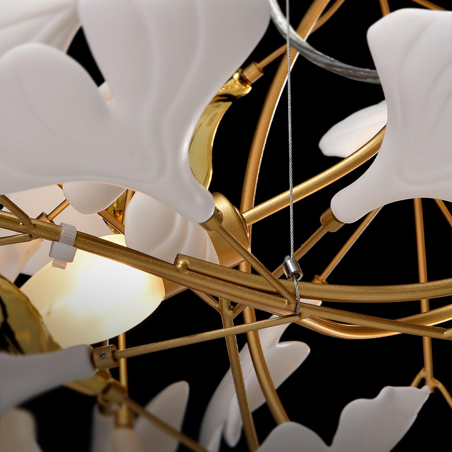 Korewolamp Gingko Ceramic Chandelier S hanging with multiple ginkgo leaf-shaped ceramic shades and a modern design.