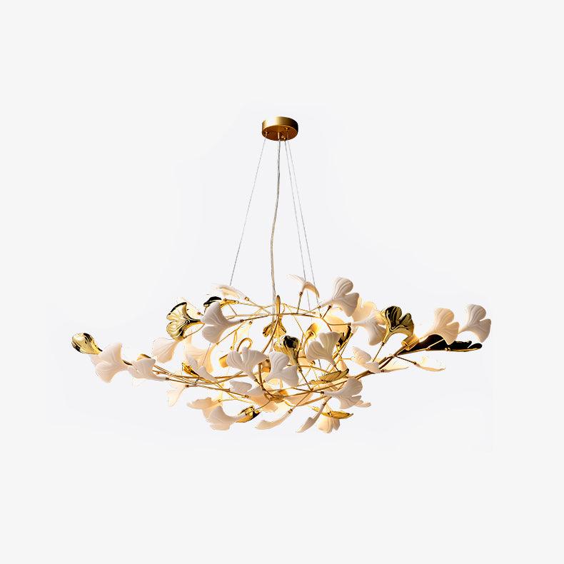Korewolamp Gingko Ceramic Chandelier S with leaf-shaped ceramic shades hanging from a metal frame.