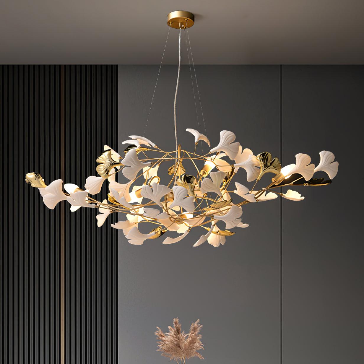 Gingko Ceramic Chandelier S by Korewolamp featuring a modern ginkgo leaf design with warm-toned ceramic petals.
