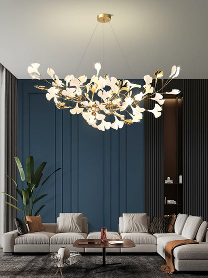 Korewolamp Gingko Ceramic Chandelier S hanging light fixture with leaf-shaped design and multiple bulb holders.