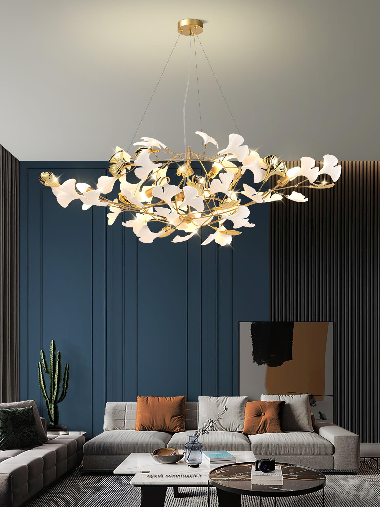 Korewolamp Gingko Ceramic Chandelier S hanging with ginkgo leaf design and warm lighting, modern ceramic pendant light fixture.