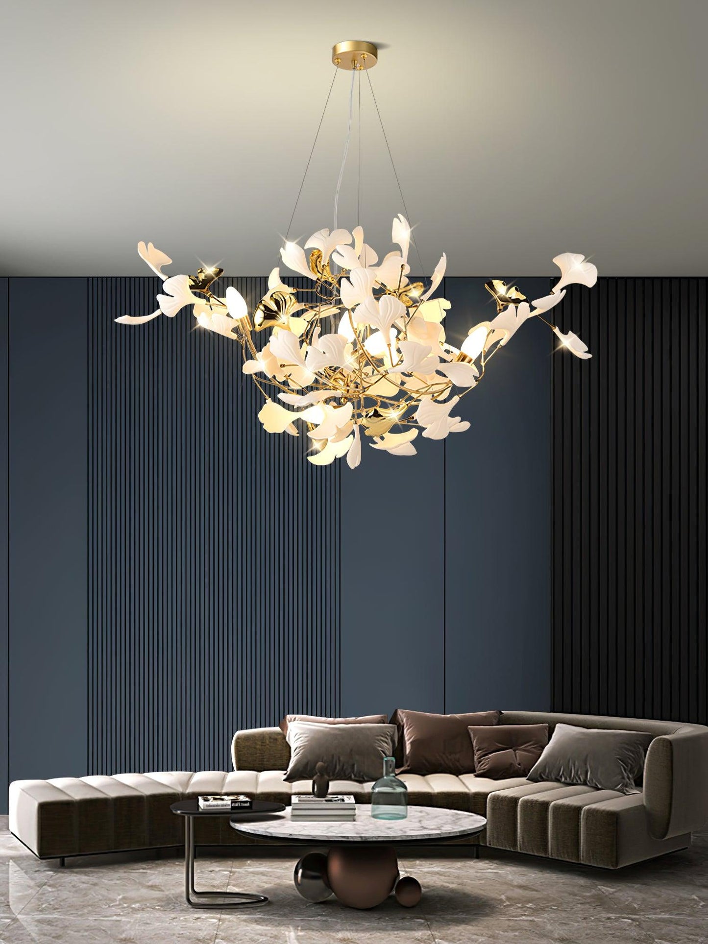 Gingko Ceramic Chandelier S by Korewolamp featuring a sleek, modern design with ceramic leaf-shaped elements and warm lighting.
