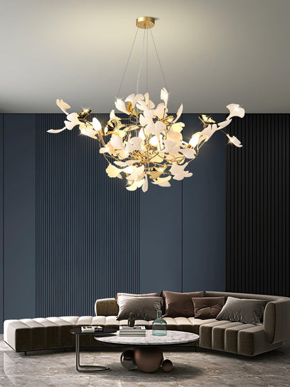 Gingko Ceramic Chandelier S by Korewolamp featuring a sleek, modern design with ceramic leaf-shaped elements and warm lighting.