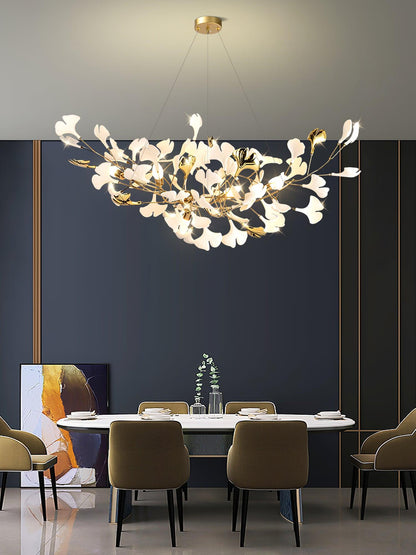 Korewolamp Gingko Ceramic Chandelier S hanging with multiple ginkgo leaf-shaped ceramic shades and modern design.