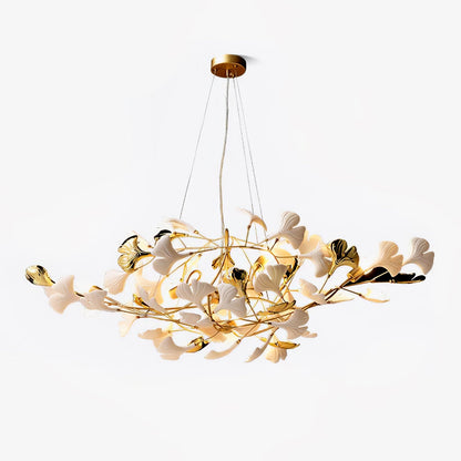Korewolamp Gingko Ceramic Chandelier S hanging with multiple ginkgo leaf-shaped ceramic shades and modern design.