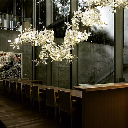 Korewolamp Gingko ceramic chandelier with ginkgo leaf design and warm lighting, hanging fixture for elegant interior decor