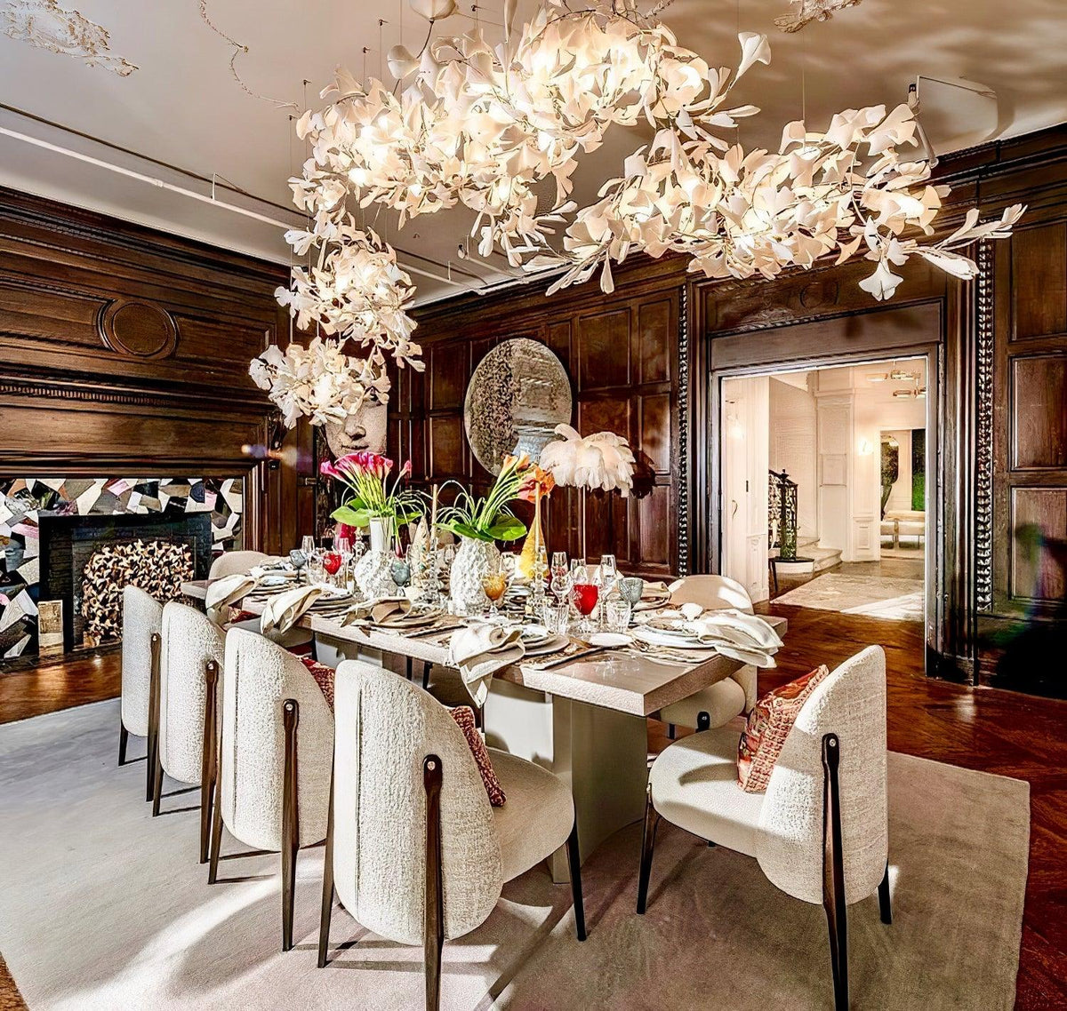 Korewolamp Gingko Ceramic Chandelier C with multiple hanging ceramic leaf-shaped shades, modern and elegant lighting fixture