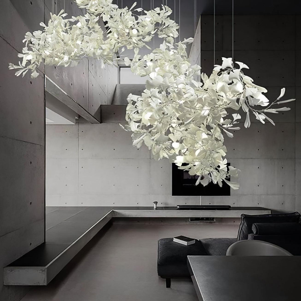 Korewolamp Gingko Ceramic Chandelier with ginkgo leaf design, hanging fixture with multiple light bulbs and ceramic details.