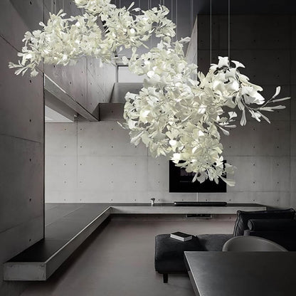 Korewolamp Gingko Ceramic Chandelier with ginkgo leaf design, hanging fixture with multiple light bulbs and ceramic details.