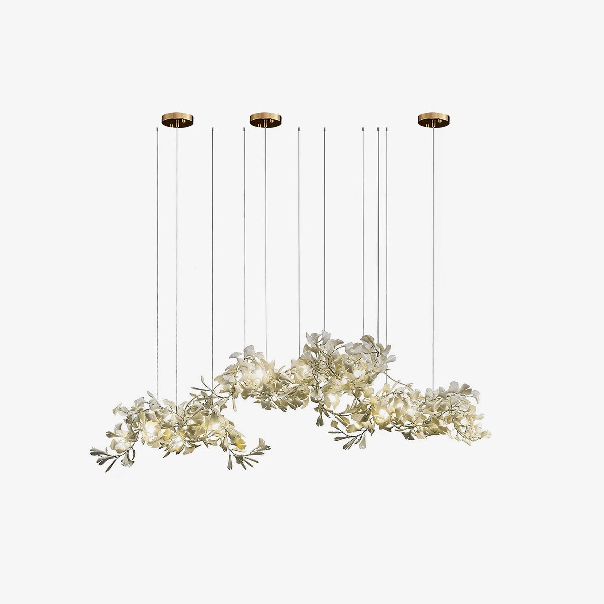 Korewolamp Gingko Ceramic Chandelier C with multiple hanging Ginkgo leaf-shaped ceramic shades and modern design.