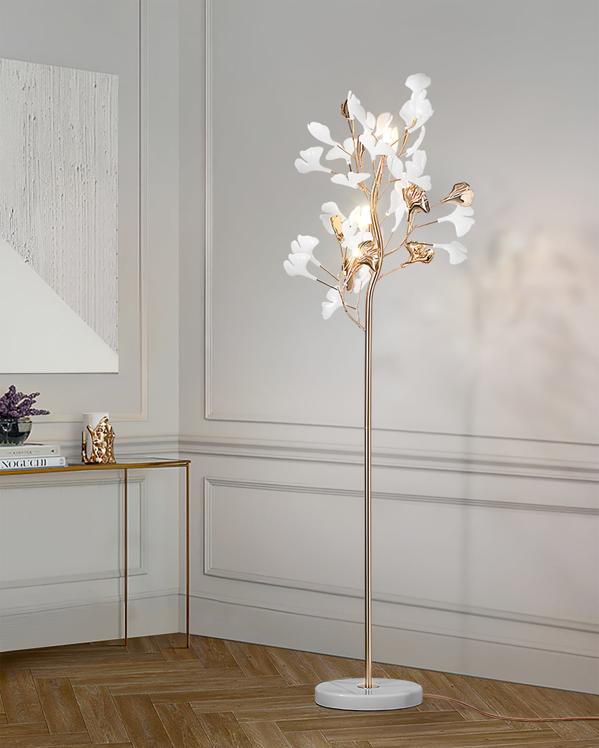 Korewolamp Gingko floor lamp with a modern design, featuring a sleek stand and a large, leaf-shaped lampshade in a stylish setting.