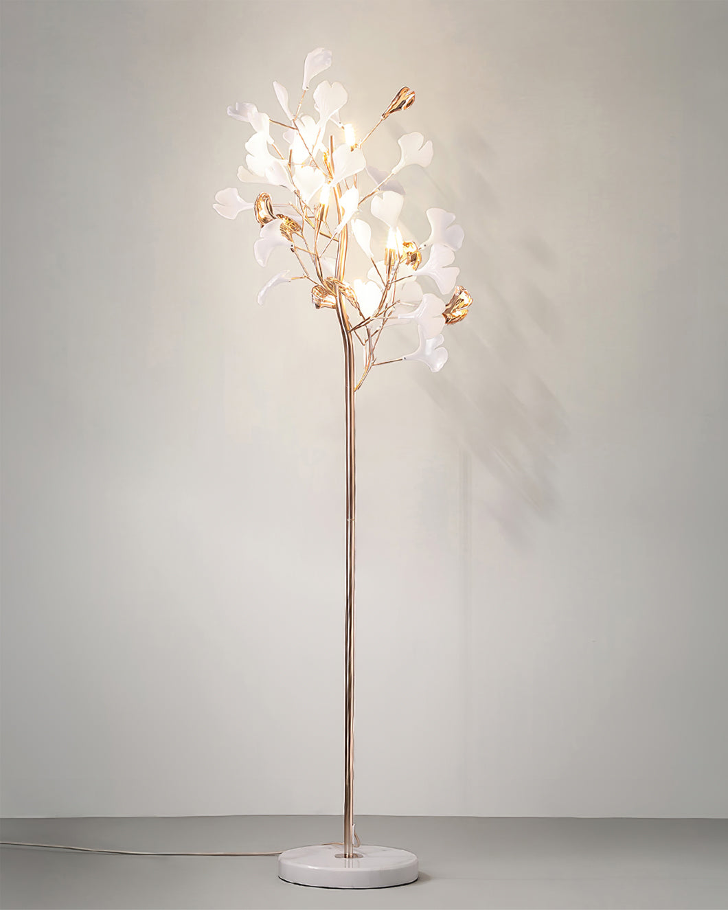 Korewolamp Gingko Floor Lamp with curved wooden stand and fabric lampshade, modern lighting for living room or office.