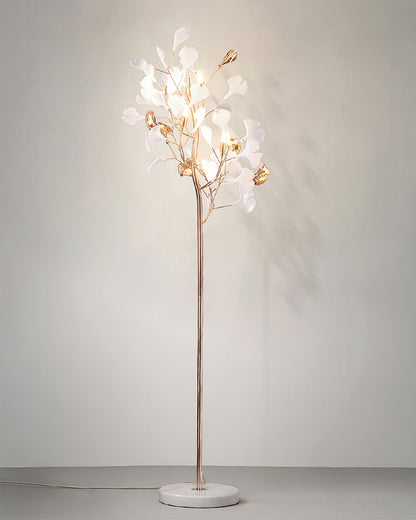 Korewolamp Gingko Floor Lamp with curved wooden stand and fabric lampshade, modern lighting for living room or office.