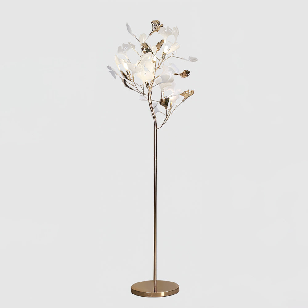 Korewolamp Gingko floor lamp with a sleek, modern design and a tall, slender stand featuring a ginkgo leaf-shaped lampshade.