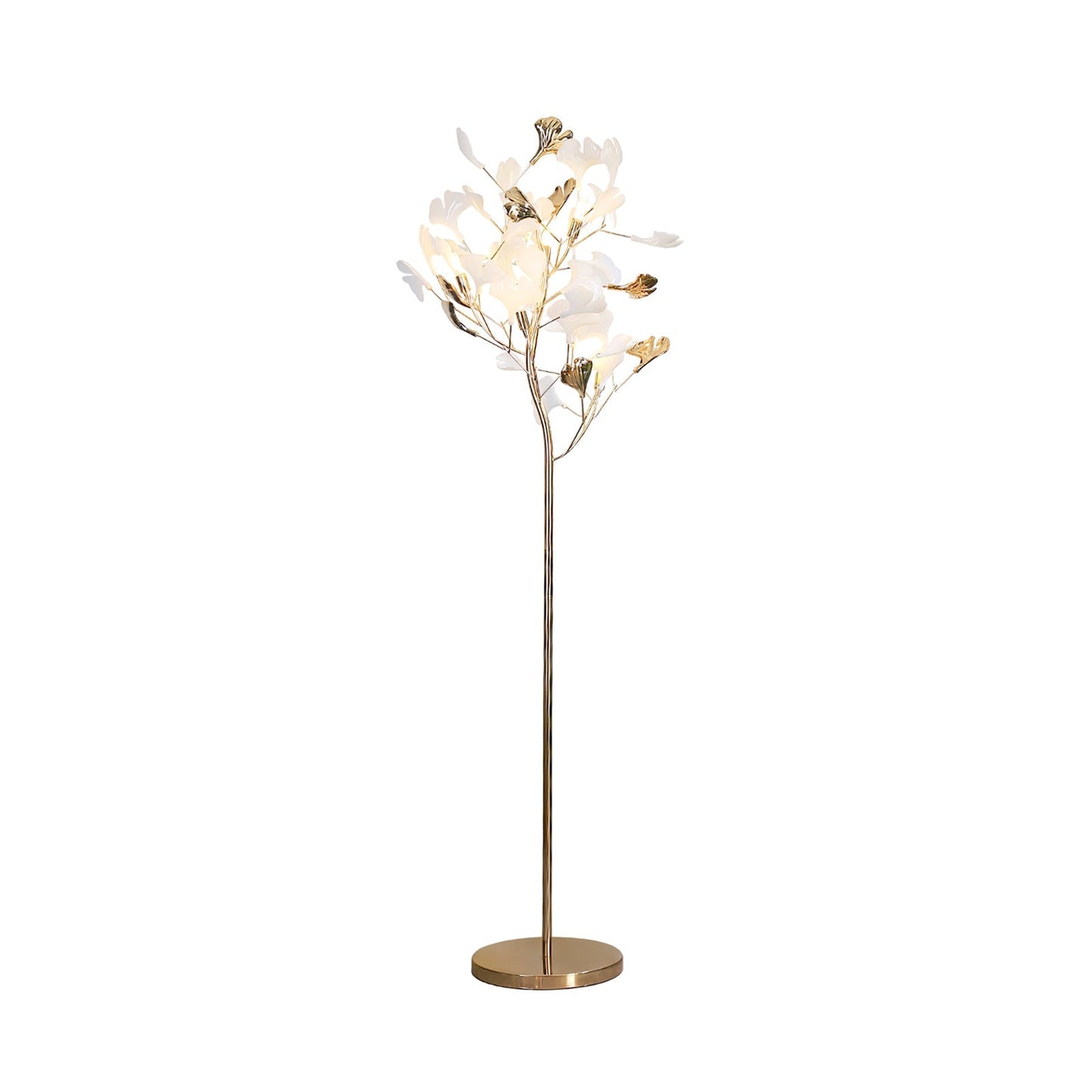 Korewolamp Gingko floor lamp with a sleek, modern design featuring a curved stand and a large, leaf-shaped lampshade.