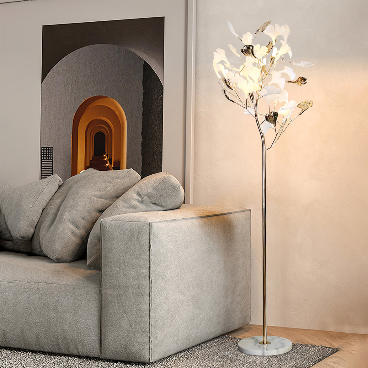 Korewolamp Gingko floor lamp with a modern design, featuring a curved metal stand and a white fabric lampshade.
