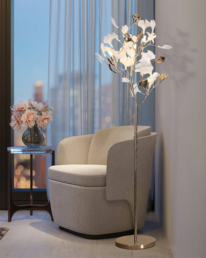 Korewolamp Gingko floor lamp with a sleek, modern design and a tall, slender stand, providing ambient lighting for living spaces.