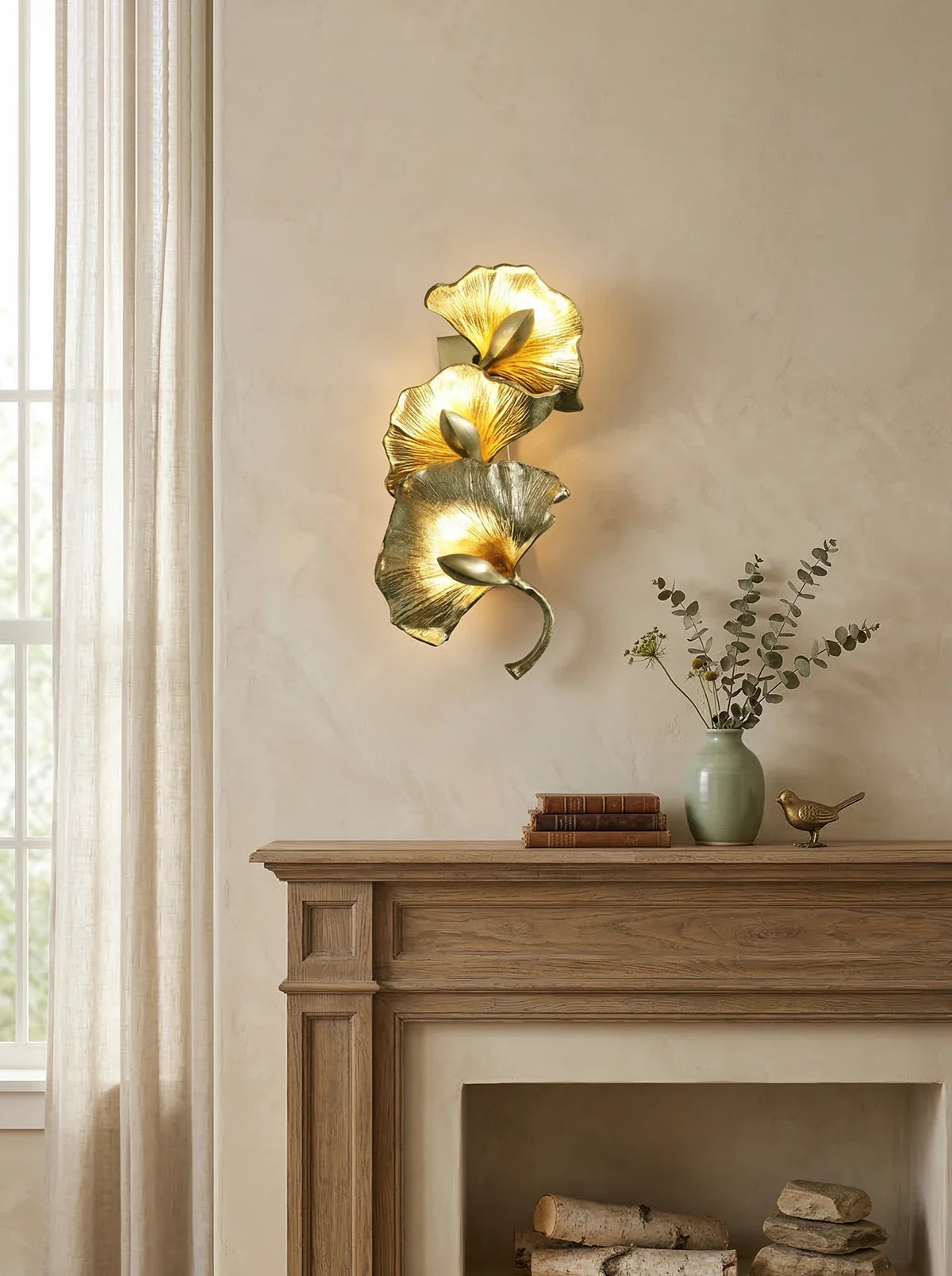 Ginkgo leaf wall lamp by korewolamp, showcasing a decorative metal design with a warm light, perfect for ambient lighting.