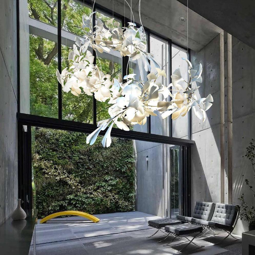 Ginkgo ceramic chandelier by Korewolamp featuring leaf-shaped design with elegant ceramic ginkgo leaves hanging as lighting fixture.
