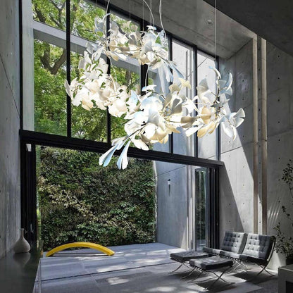 Ginkgo ceramic chandelier by Korewolamp featuring leaf-shaped design with elegant ceramic ginkgo leaves hanging as lighting fixture.