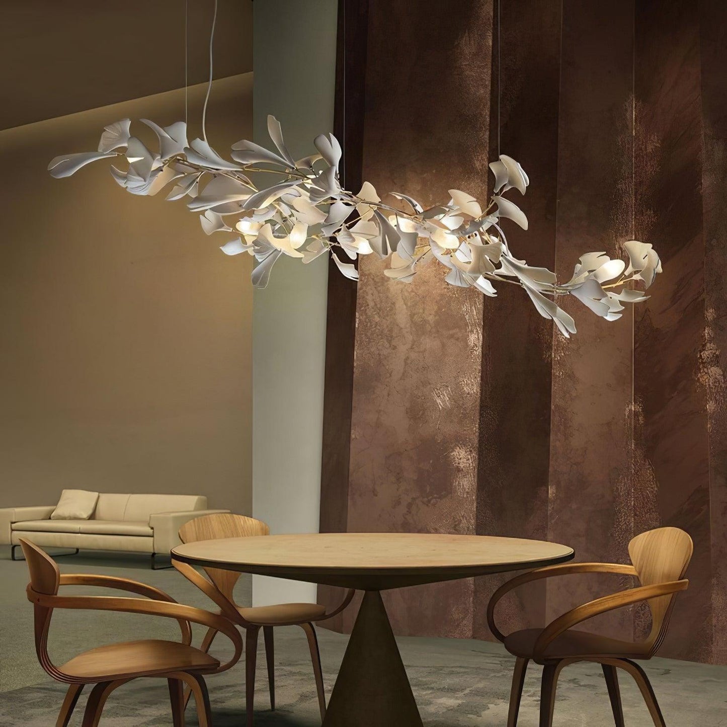 Gingko ceramic chandelier with leaf design by Korewolamp, featuring intricate ginkgo leaf details and warm lighting.