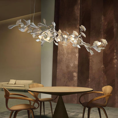 Gingko ceramic chandelier with leaf design by Korewolamp, featuring intricate ginkgo leaf details and warm lighting.
