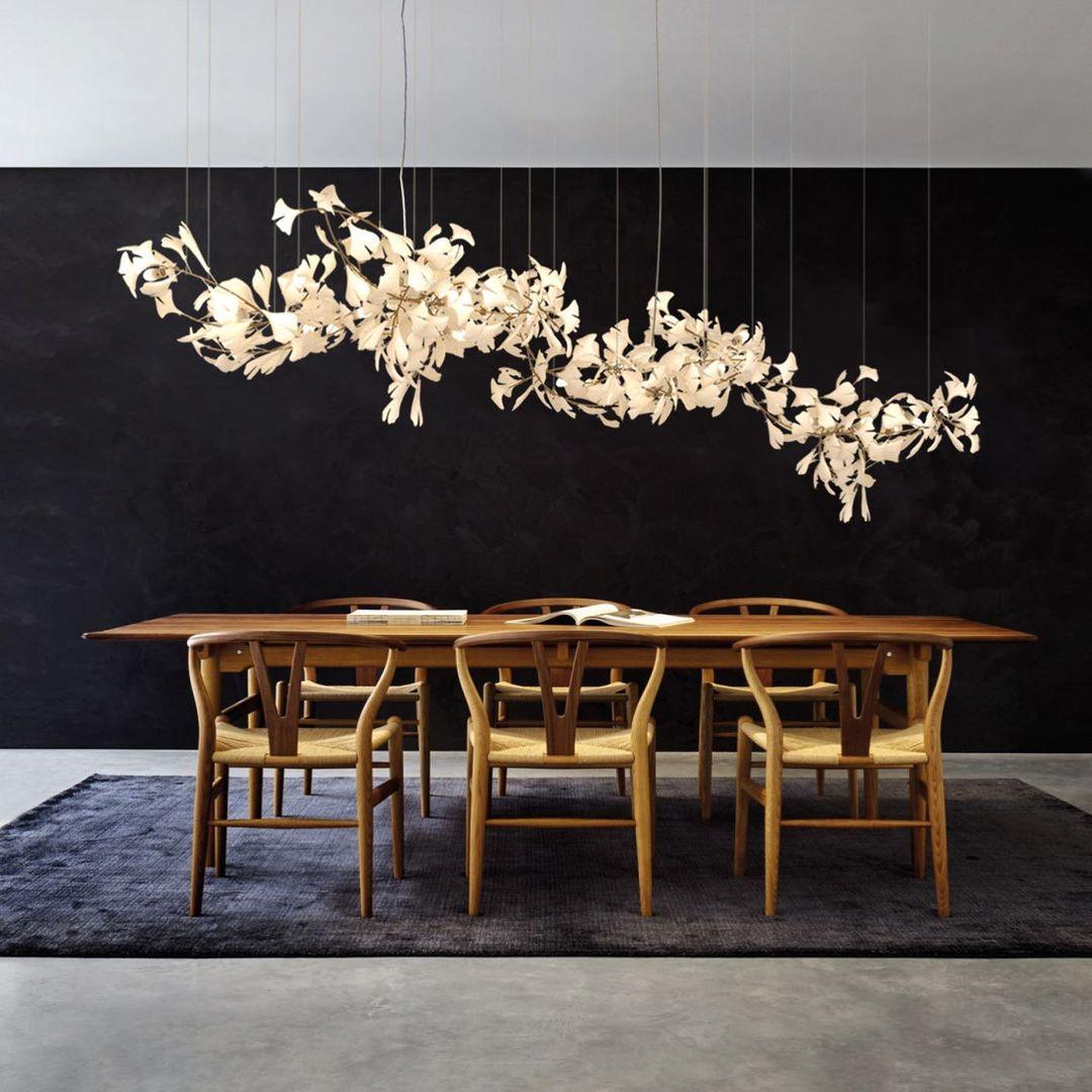 Korewolamp Ginkgo Ceramic Chandelier featuring leaf-shaped design with elegant ceramic branches and hanging light bulbs.
