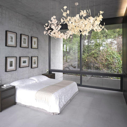 Gingko Ceramic Chandelier by Korewolamp featuring leaf-shaped ceramic design hanging as a decorative chandelier.