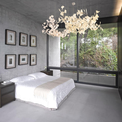 Ginkgo ceramic chandelier with leaf design from korewolamp, showcasing intricate ginkgo leaf details and elegant lighting.