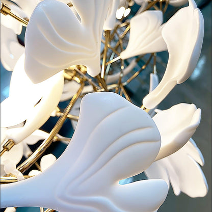 Gingko ceramic chandelier by Korewolamp featuring ginkgo leaf design with warm ceramic finish and elegant hanging light fixtures.