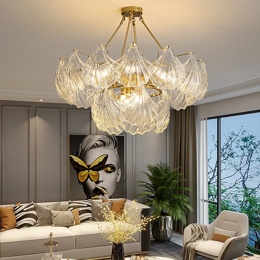 Ribbed Glass Shell Brass Chandelier - Nuvé