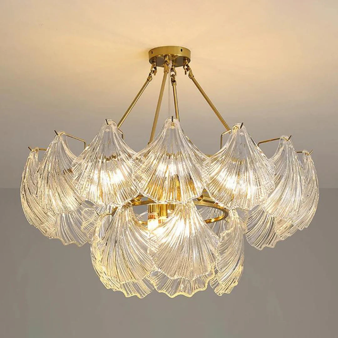 Ribbed Glass Shell Brass Chandelier - Nuvé