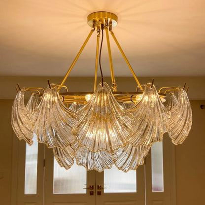 Ribbed Glass Shell Brass Chandelier - Nuvé