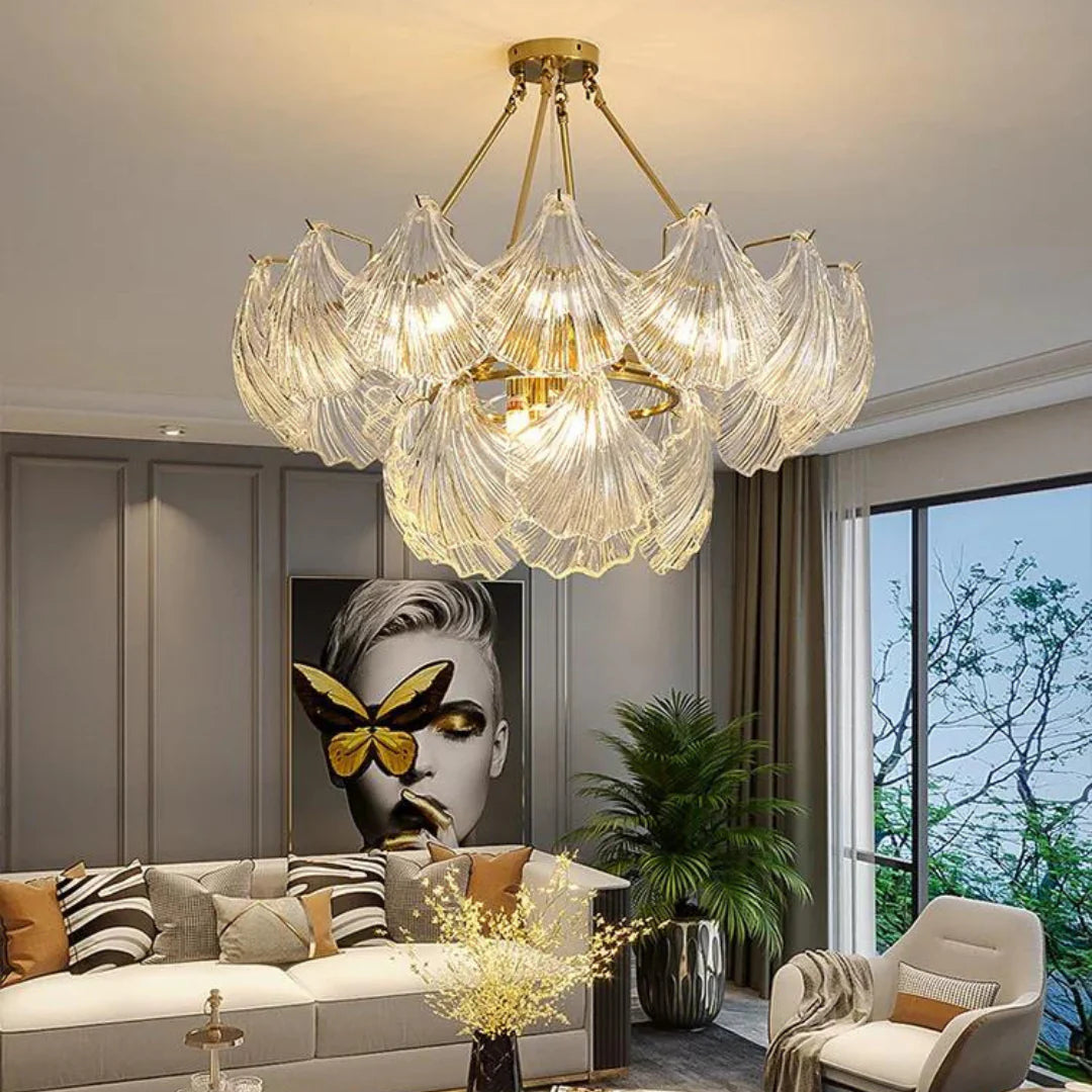 Ribbed Glass Shell Brass Chandelier - Nuvé