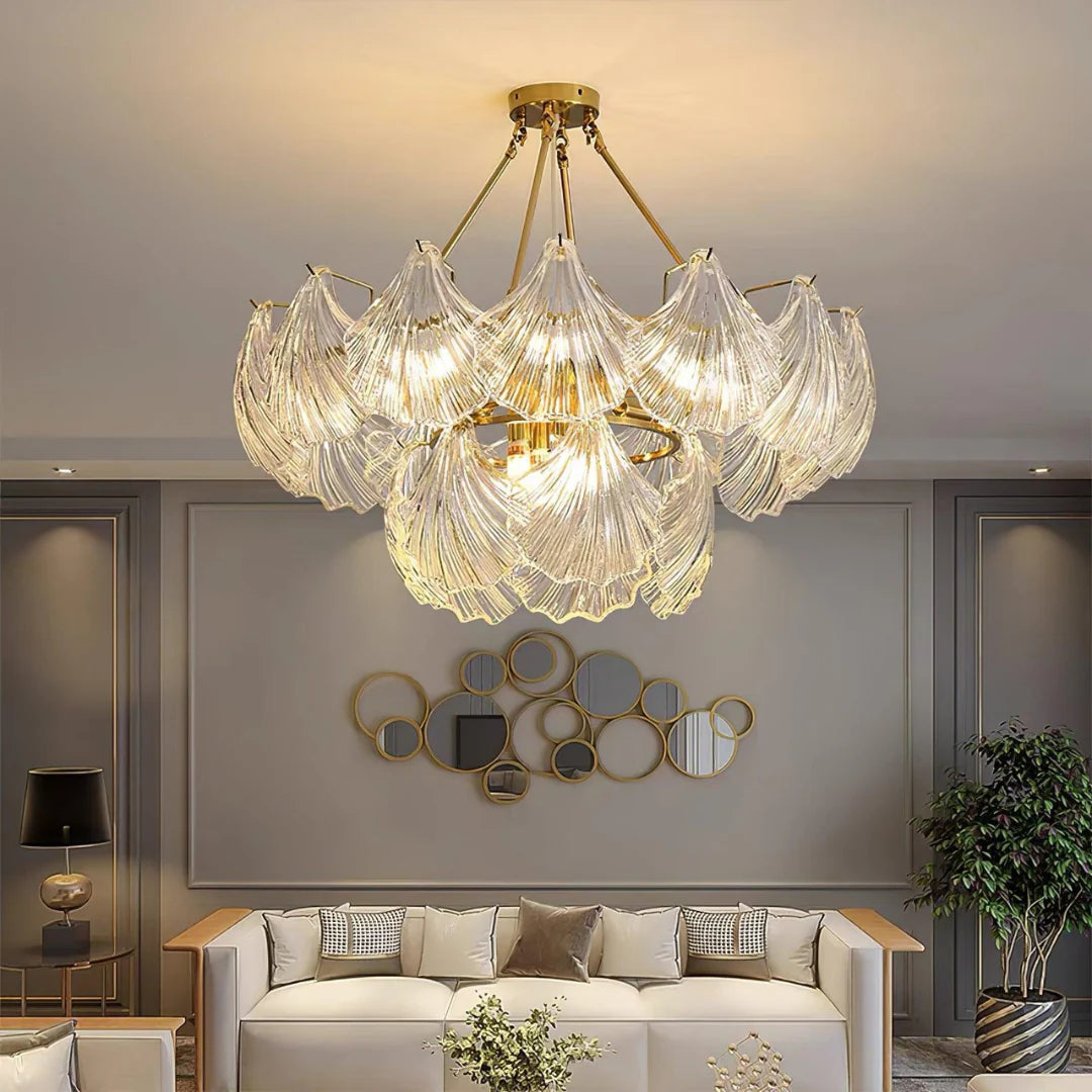 Ribbed Glass Shell Brass Chandelier - Nuvé