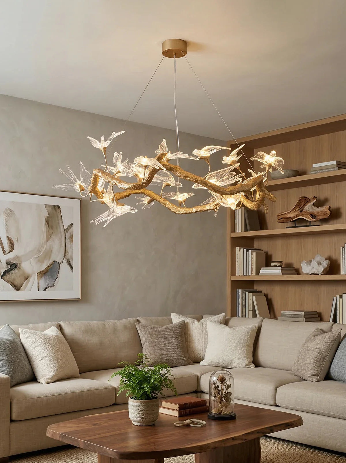 Elegant glass swallow chandelier by korewolamp featuring delicate glass bird designs hanging from a sleek frame.