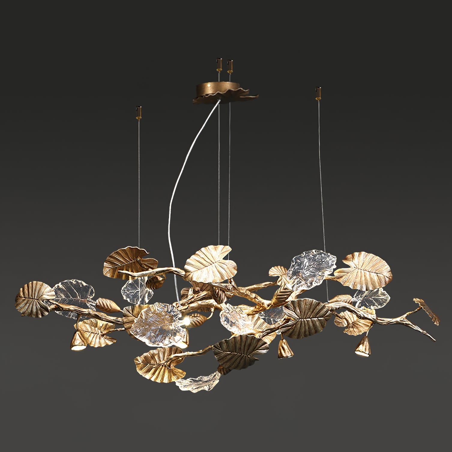 Elegant gold leaf chandelier by Korewolamp with intricate leaf details and a luxurious finish, hanging from a ceiling fixture.