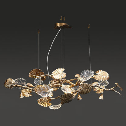 Elegant gold leaf chandelier by Korewolamp with intricate leaf details and a luxurious finish, hanging from a ceiling fixture.