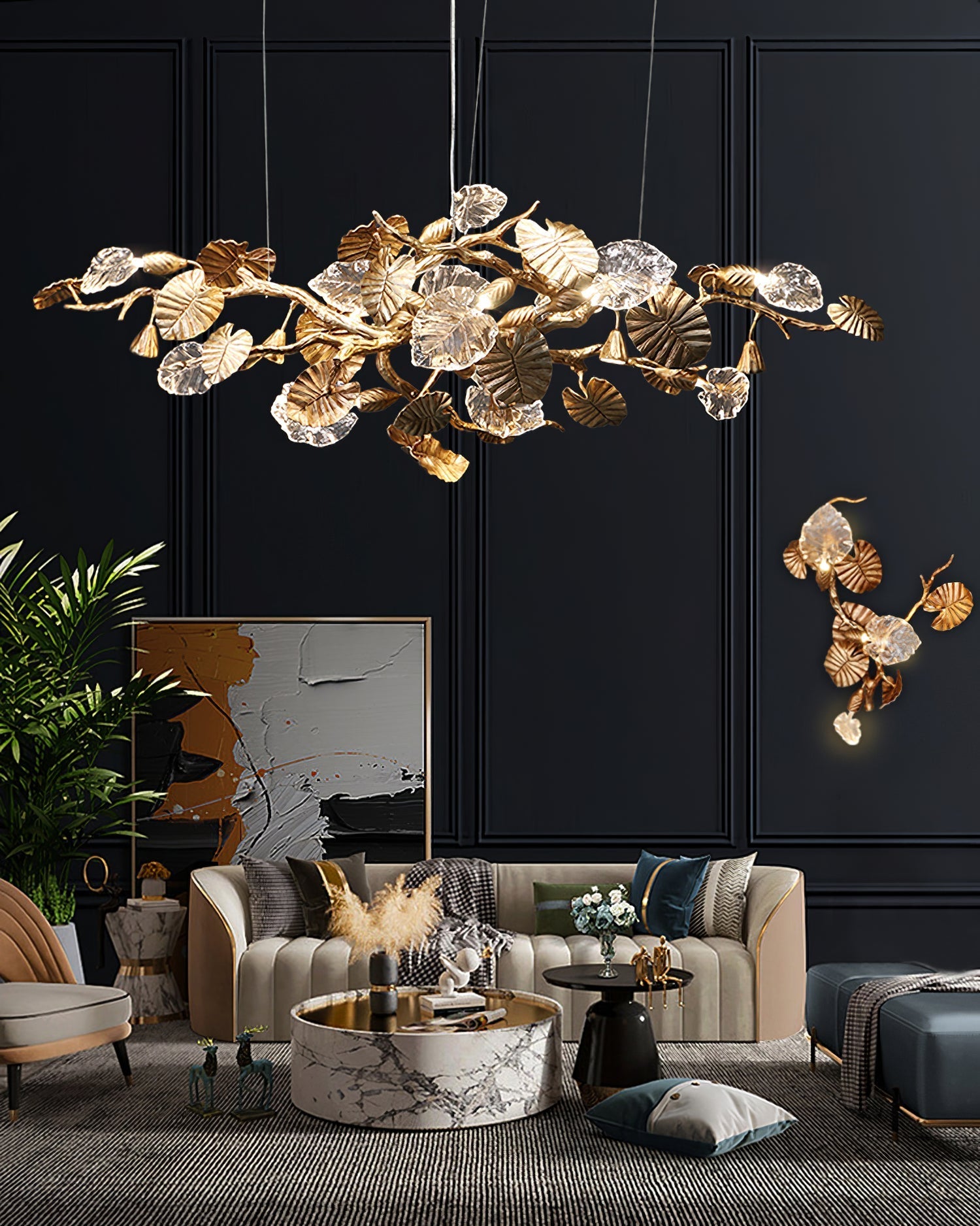 Gold leaf chandelier by korewolamp featuring elegant gold leaf accents and multiple light bulbs hanging in a modern design.