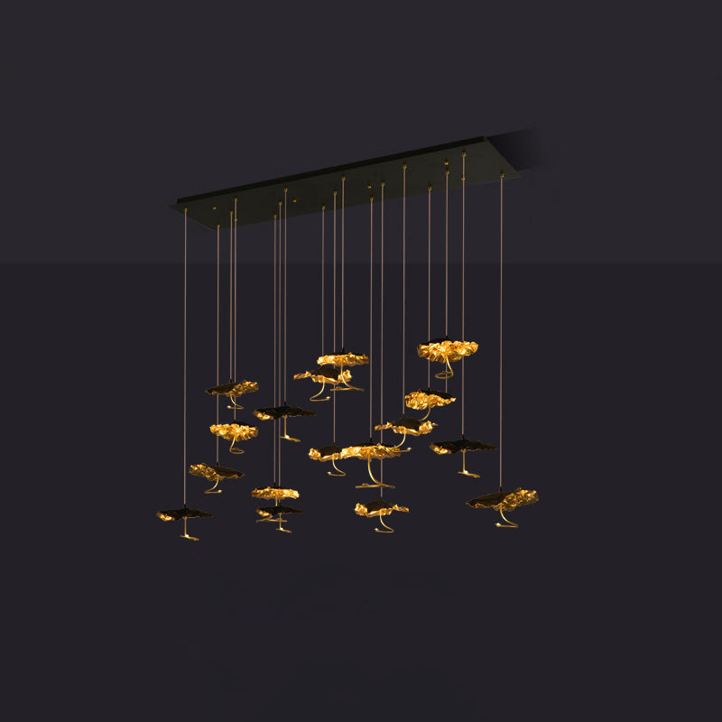 Gold brass aviary constellation chandelier with moon design, featuring intricate hanging elements and warm lighting details.